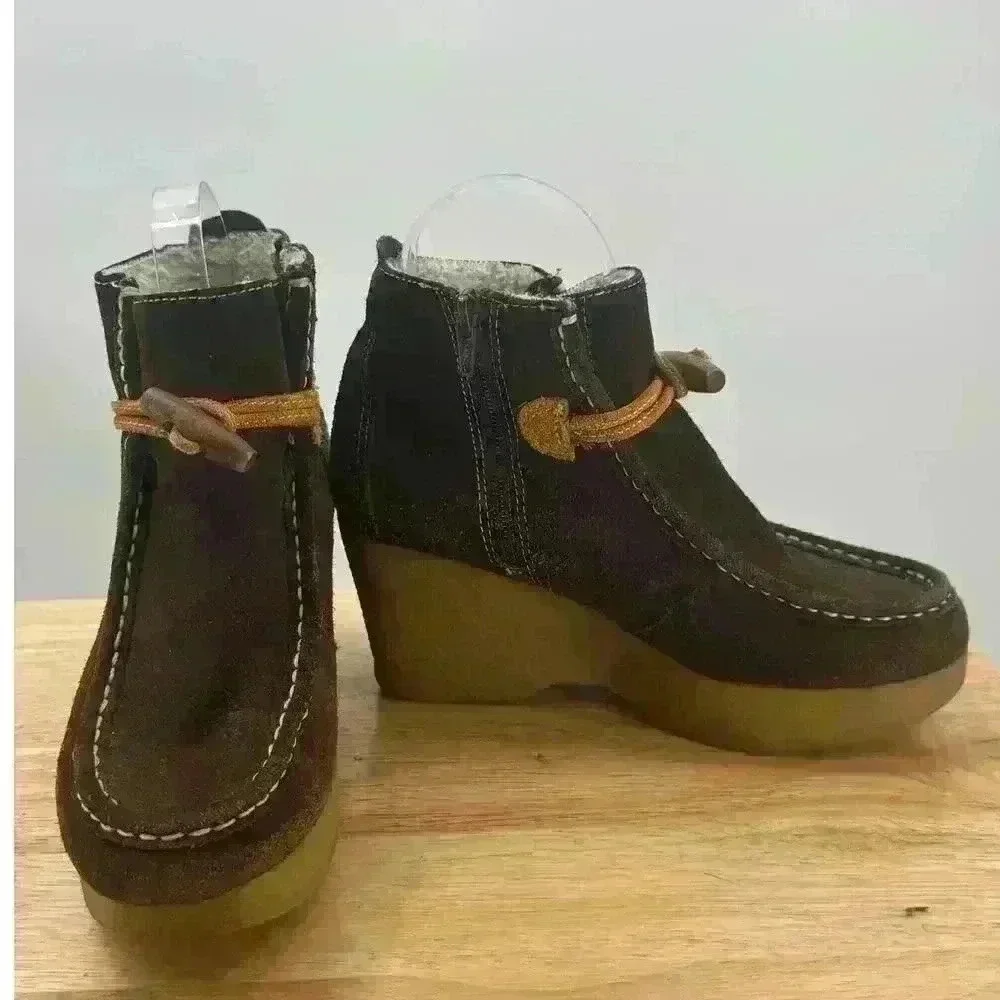 Tommy Girl Brown Suede Wedge Ankle Boots Sherpa Lined Women's Sz‎ 7 Stylish